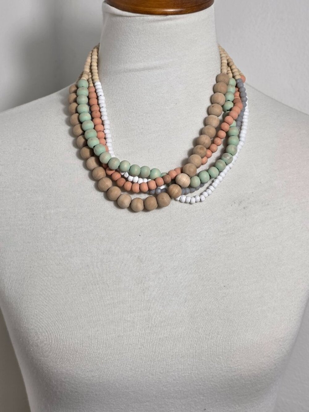 Multi-Strand Wooden Bead Necklace Mix of Pastel Colors & Natural Wood Tone Beads